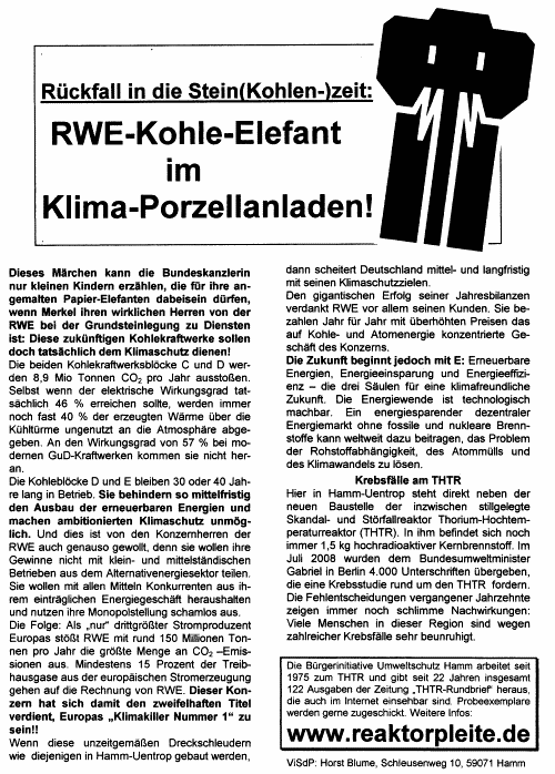 29.08.2008 - Flugblatt zur Einweihung der Kohlekraftwerkbaustelle in Hamm/Uentrop durch Bundeskanzlerin Angela Merkel