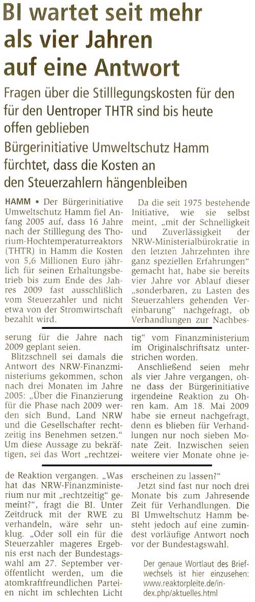 17.09.09 -  Westfälischer Anzeiger - BI wartet seit vier Jahren auf Antwort!