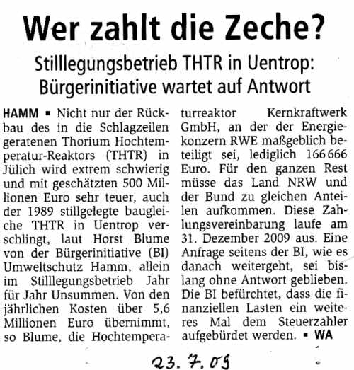 23.7.09 Westfälischer Anzeiger - Wer zahlt die Zeche?