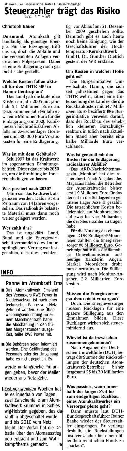 25.07.09 Westfälische Rundschau, Der Steuerzahler zahlt!