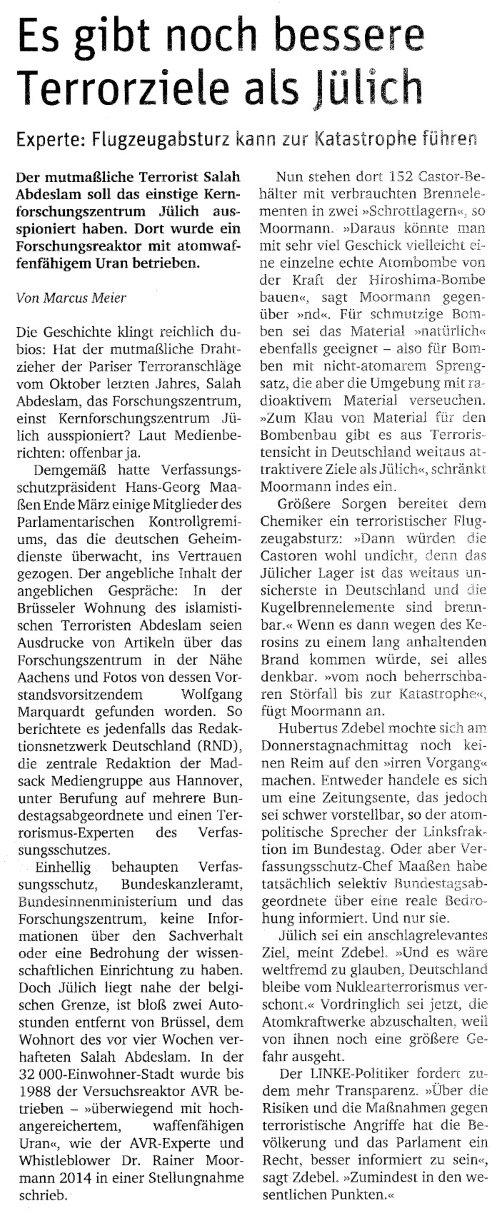 Neues Deutschland vom 15.04.2016 - Es gibt noch bessere Terrorziele als Jülich